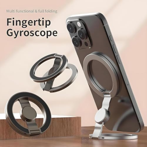 Magnetic Phone Stand & Fidget Spinner Combo, 2-in-1 Foldable Phone Holder with Dual Magnetic Rings, 360° Rotation 270° Flip,Strong Compatible Stand for MagSafe,Desk, Car, Gym (Gunmetal)