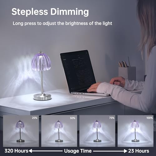 Shenmoyl Tulip Table Lamp with 5200mAh Battery & Touch Control, Cordless Small Table Lamp with 3 Colors, Dimmable Rechargeable Table Lamps for Living Room, Bedroom, Desk, Bedside (Clear Purple Tulip)