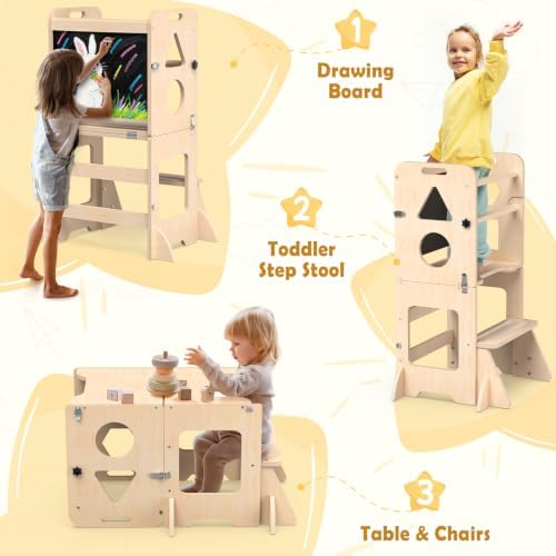 Toddler Standing Tower Anti-Tip Wooden Kitchen Step Stool，Nature