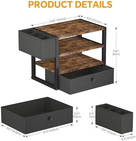 Desk Organizers and Accessories, 4-Tier Paper Letter Tray File Organizer with Fabric Drawer & 3 Pen Holder, Office Desk Accessories Workspace Desktop Organizer for Office Supplies, Rustic Brown