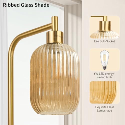 Ruiever Glass Floor Lamp for Living Room, Dimmer Standing Lamp with Green Ribbed Lampshade,66” Tall Lamp & Gold Floor Lamp for Bedroom Study Room,Brushed Gold (Amber)
