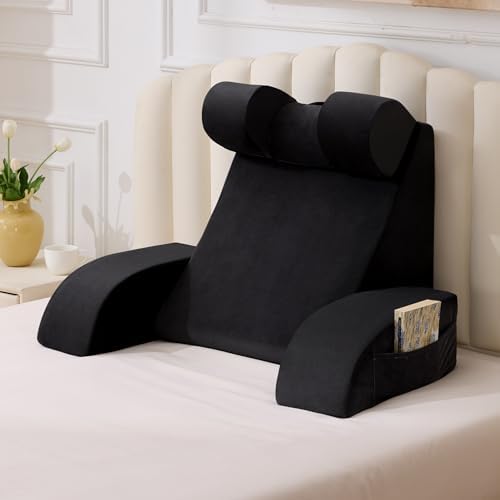 21" Reading Pillow for Bed with Back Support & Big Pockets, Black