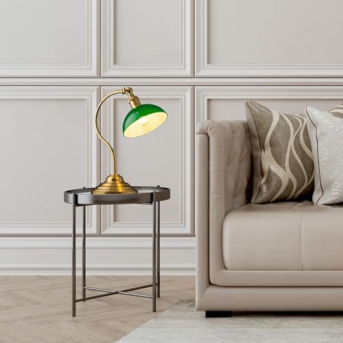 O'Bright Bankers - Cordless LED Table Lamp, Battery-Operated, Rechargeable, 3-Level Dimming, Universal USB-C Charging, 180° Swivel Head, Classic Green Glass Shade, Antique Brass