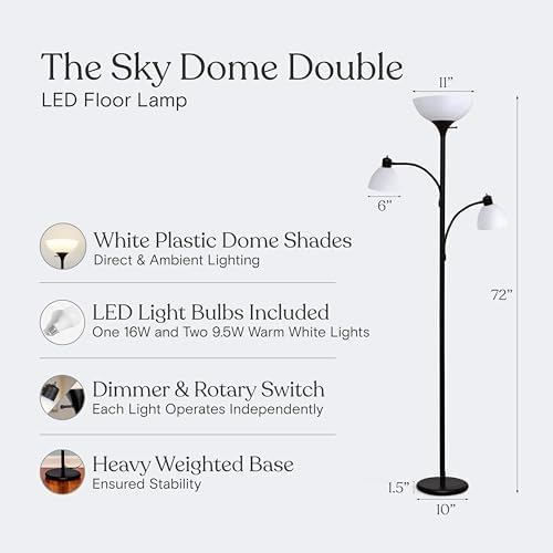 Brightech Sky Dome Double LED Floor Lamp, Torchiere Super Bright Floor Lamp with 2 Reading Lamps for Living Rooms & Offices - Dimmable Tall Standing Lamp for Bedroom Reading - Tall Black Pole