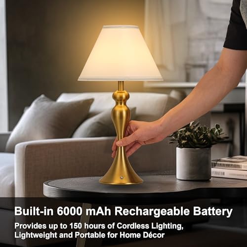 Cordless Table Lamp Rechargeable, Battery Night Light Fabric Shade, Brass