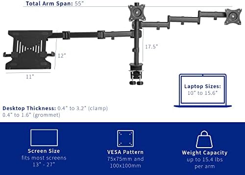 VIVO Dual Monitor + Laptop Mount for 13 to 27 inch Screens and 10 to 15.6 inch Laptops, Triple Screen Viewing, Articulating Arms, Black, STAND-V013L