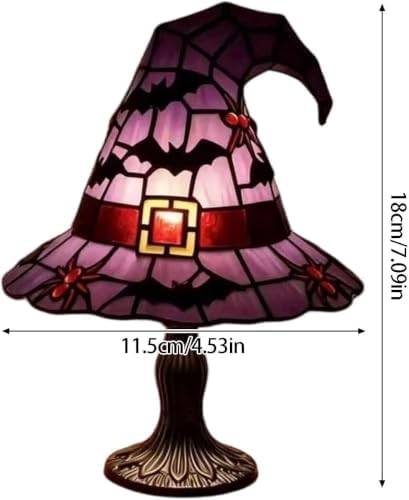 Stained Glass Witch Hat Lamp, Handcrafted Resin Halloween Witch Lamp (Purple)
