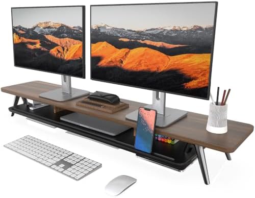Fenge Dual Monitor Stand Riser, Wooden Desk Shelf with 2-Tier Storage