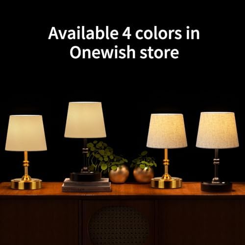 ONEWISH Small Cordless Lamp Dimmable-Battery Operated Table lamp, 4000mAh Rechargeable, Touch Bedside Lamp with White Fabric Shade, 2700K Bulb Included, for Dining, Patio, Bathroom(Black)