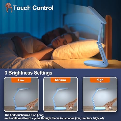 Akejrym LED Desk Lamp for Office & Home, Battery Operated, Foldable & Portable Light, 2-Fold Bracket, 3 Brightness Dimmable, Wireless Reading Lamp (Blue)