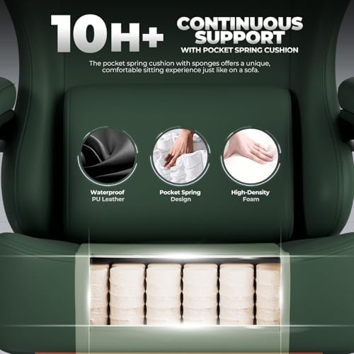 GTPLAYER Gaming Chair with Pocket Spring Cushion, Big and Tall Gamings Chairs 350LBS High Back Computer Chair with Footrest for Adults Lumbar Support Swivel Game Chair for Office, Leather Green