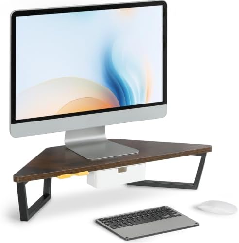 TEAMIX Corner Monitor Stand with Drawer and Phone Holder, 26x12.6x5.3in