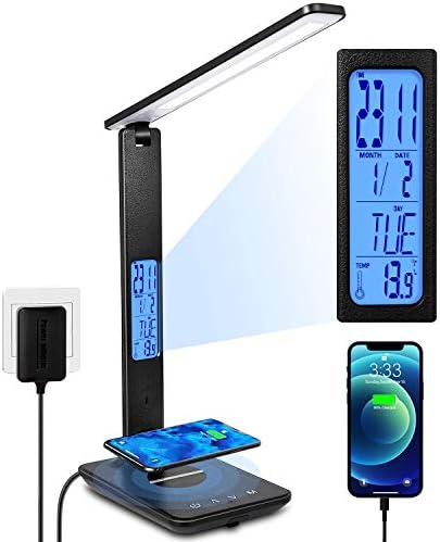 LED Desk Lamp with Wireless Charger, Suitable for Home, Office Dimmable, with USB Charging Port, Built-in Clock, Calendar, Thermometer and Automatic Timing Reading Desk Lamp.