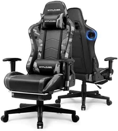 GTPLAYER Gaming Chair,Gamer Chair with Bluetooth and Adjustable Backrest,Seat Height Adjustable Computer Chairs with 3D Armrests,Video Game Chair with Footrest Speakers (Camouflage)