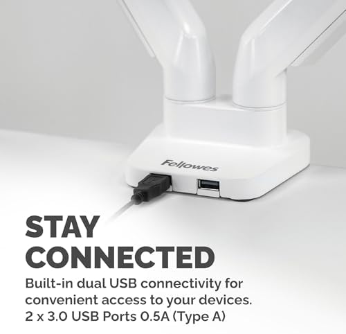 Fellowes Platinum Series Dual Monitor Arm for 40-Inch Monitors, Full Motion, 360° Rotation, VESA Mount with Grommet or Clamp, USB Ports, Ergonomic, White, 8056301