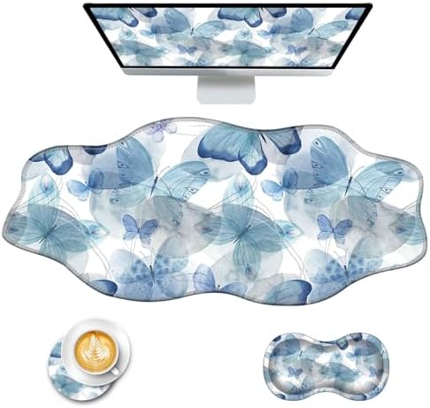 Mouse Pad with Wrist Support + Desk Mat + Coaster 3 in 1 Set, XXL Large Gaming Mousepad Ergonomic Mouse Pads for Desk Computer Laptop Office,Blue Butterfly