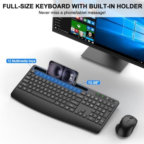 Ergonomic Wireless Keyboard and Mouse Combo, Full-Size Silent Keyboard with Wrist Rest & Phone Holder, 3 DPI Adjustable Mouse, 2.4G Lag-Free Cordless, Long Battery Life for PC Laptop Mac Windows