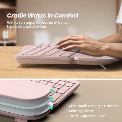Nulea Wireless Ergonomic Keyboard, Split Keyboard with Cushioned Wrist Rest, Bluetooth and USB Connectivity, USB-C Rechargeable, Compatible with Windows Mac (Grey Pink)