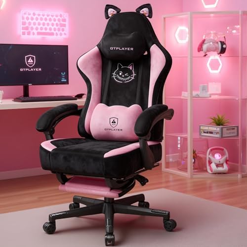 GTPOFFICE Gaming Chair Cute with Cat Ears, Ergonomic Computer Chair with Footrest Cat Paw Lumbar Support Comfortable Reclining Game Chair Desk Chair for Adult,Teens, Soft Fabric,Soft-Red