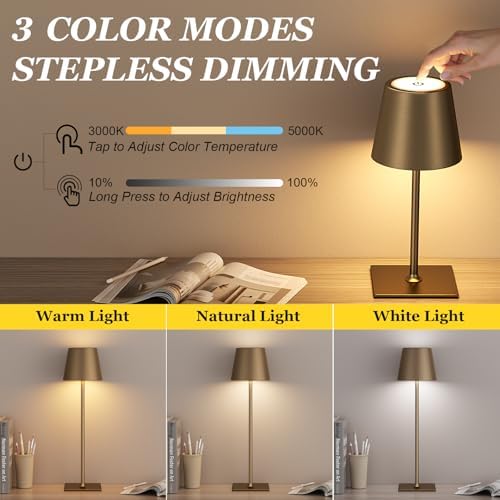 Kakanuo Brown Cordless Rechargeable Table Lamp 5000mAh Battery Operated Lamps, 3 Colors Stepless Dimming Touch Lamp for Living Room, Kitchen Counter, Dining, Outdoor Patio, 2 Pack