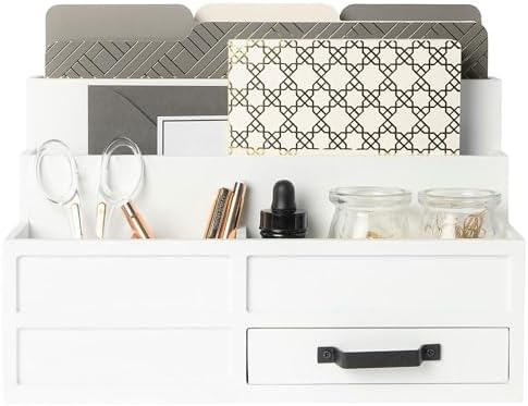 BLU MONACO | White Desktop Organizer with Drawer Storage | Tabletop Organizer with Drawers for Paper Bills Mail | Wooden Mail Organizer for Countertop Workspace