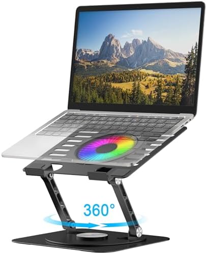 Laptop Stand,with 360°Rotating Base,External Cooling Fan,Adjustable RGB Lighting,Ergonomic Foldable Notebook Computer Holder.Compatible with All 10-17" Laptops Tablets,Black, E0B22-01