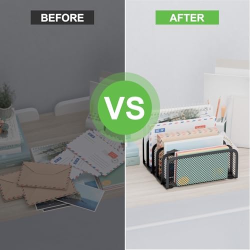 Mail Organizer Countertop, Metal File Holder with 5-Slot, Small Desk File Organizer for Letter, Bill, Mail Sorter, Desktop Letter Folder Holders for Office, Home, School (Black)