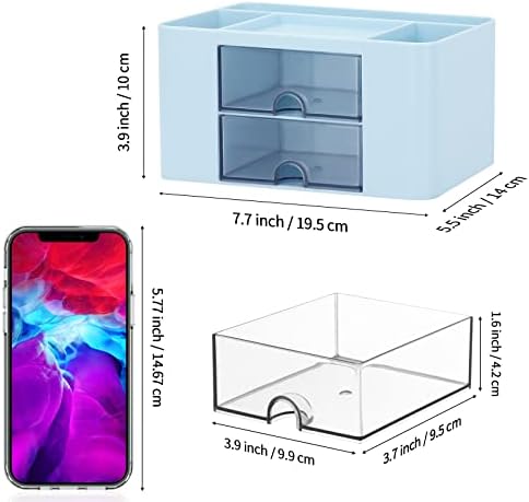 Desk Organizer with 2 Drawer, Plastic Desktop Pen Pencil Card Holder Storage Box for Desk, Office Supplies, Vanity Table Office School Home (Blue)