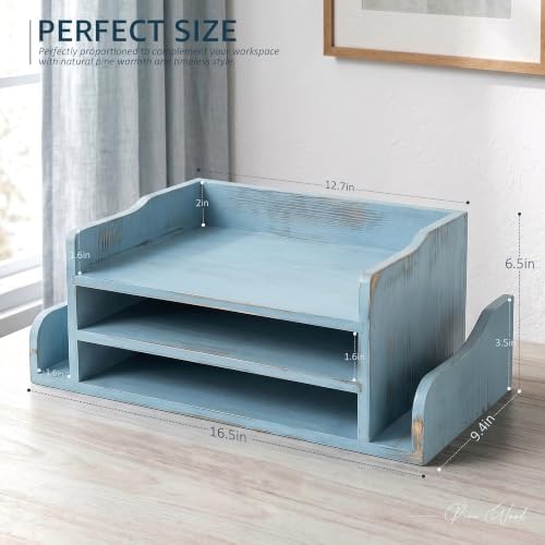 Wood Desk Organizer:File Organizer with 3-Tier Shelf for Office Desk, Blue