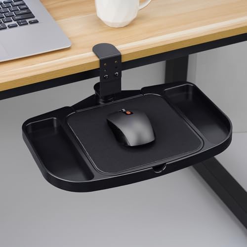 Clamp-on Mouse Pad Holder Platform, Height Adjustable Under Desk 360° Rotating Mouse Tray Rest Extension Attachment, with 5 Storage compartments Save Space