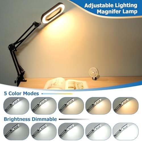 15X Rectangle Magnifying Glass with Light and Stand, Hands-Free Real Glass Lighted Magnifier, Touch Control 5 Color Modes Stepless Dimmable, 2-in-1 LED Desk Lamp with Clamp for Close Work, Reading
