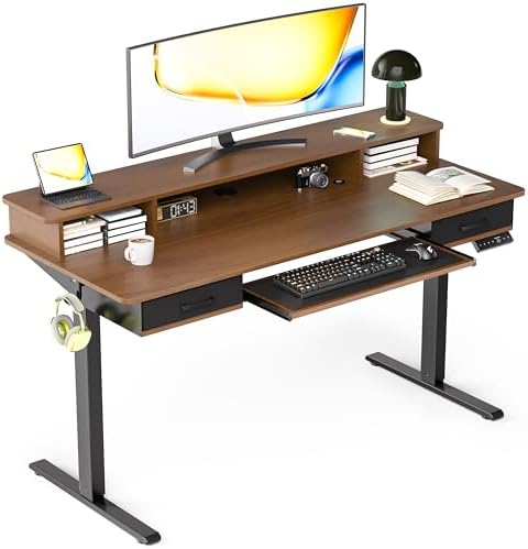 Electric Standing Desk with Keyboard Tray, 55x24 Inches Height Adjustable Stand up Desk with 2 Drawers, Ergonomic Sit to Stand Table with Storage Monitor Stand, Black Walnut