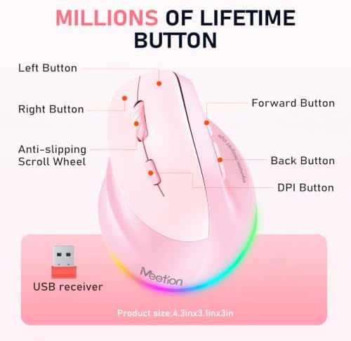 MEETION Left-Handed Wireless Ergonomic Vertical Mouse, Rechargeable - Pink