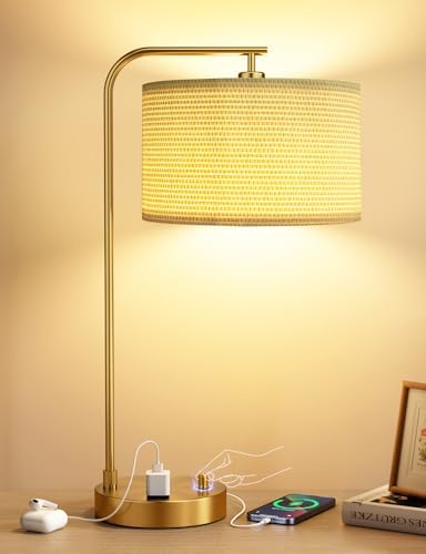 20.7" Gold Table Lamp with USB & Outlet, Fully Dimmable Nightstand Lamp