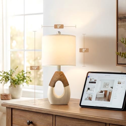 OYEARS 19'' Boho Small Table Lamps Set of 2 for Bedroom, Farmhouse Bedside Lamps with Rattan Rope for Living Room, Nightstand Lamps for Side End Table Sofa Entryway Home Decor, White and Beige