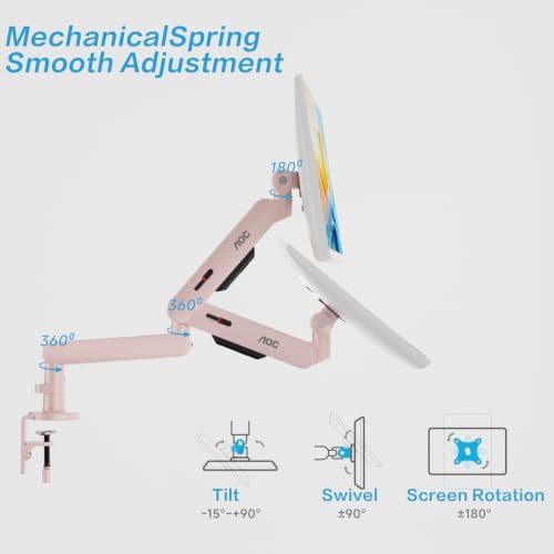 AOC 406PLUS Premium Aluminum Single Monitor Arm, Fits 13–34 Inch and 19.84 lbs, Mechanical Spring Desk Mount,C-Clamp,Low-Profile Gaming Bracket Enables Screen to Sit Close to Desktop (Pink)