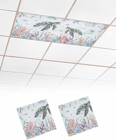 Watercolor Turtle Magnetic Fluorescent Light Covers for Ceiling Lights 2 x 4 Feet,Coastal Coral Seaweed Vintage Blue Office Classroom Kitchen Drop Ceiling Light Covers Filters Shade Panel 2 Packs