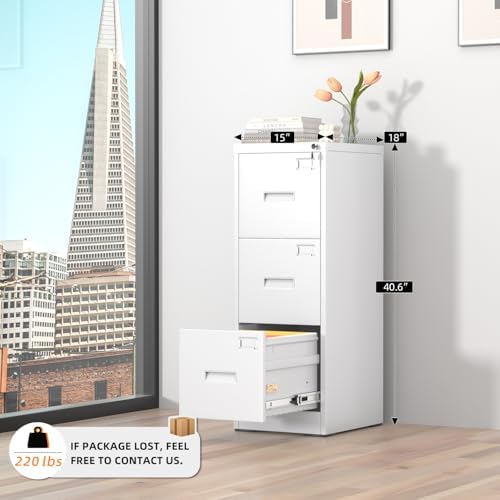 INTERGREAT 3 Drawer File Cabinet, White Metal Filing Cabinet with Lock, Locking Tall File Cabinets with 4 Adjustable Hanging Frame for Home Office, Name Tag