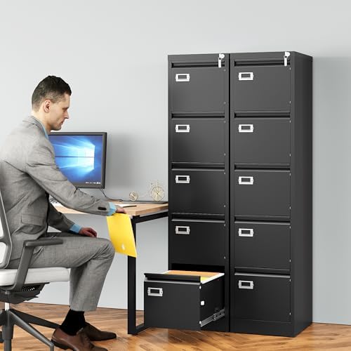 SISESOL 5 Drawer File Cabinet with Lock,Black Narrow Vertical File Cabinet Five Drawer,Tall Office Filing Cabinets,Metal Filing Cabinets for Home Office,Fit A4,Legal,Letter Size,-Assembly Required