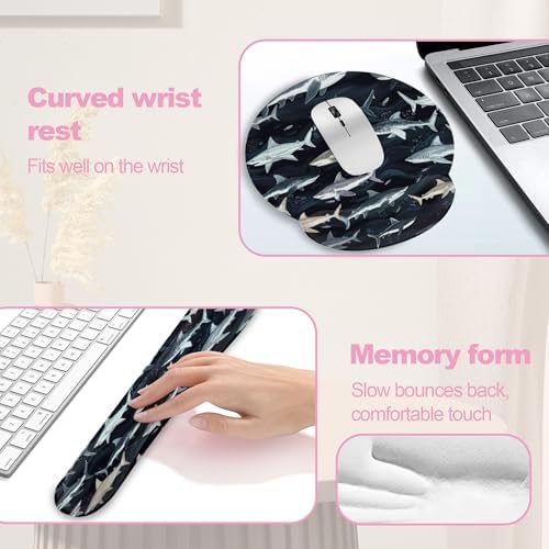 Cute Shark Keyboard Wrist Rest Pad Mouse Pad Set,Ergonomic Mousepad Wrist Support Memory Foam Desk Pad for Gaming Office,Non-Slip Rubber Base Easy Typing for Home Office Computers