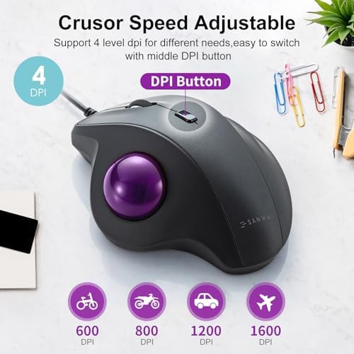 SANWA Wired Trackball Mouse, USB-C/A, Silent Clicks, Programmable, Purple