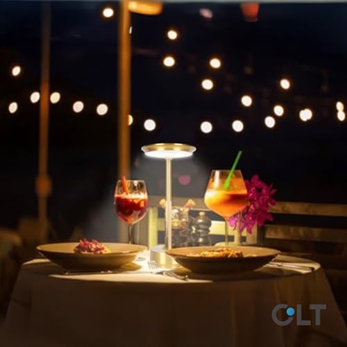 Cordless Table Lamps Rechargeable, Portable Battery Operated Lamp, 3 Color Stepless Dimming LED Table Light with Memory Function, for Outdoor/Dinner/Patio/Restaurant (Gold)