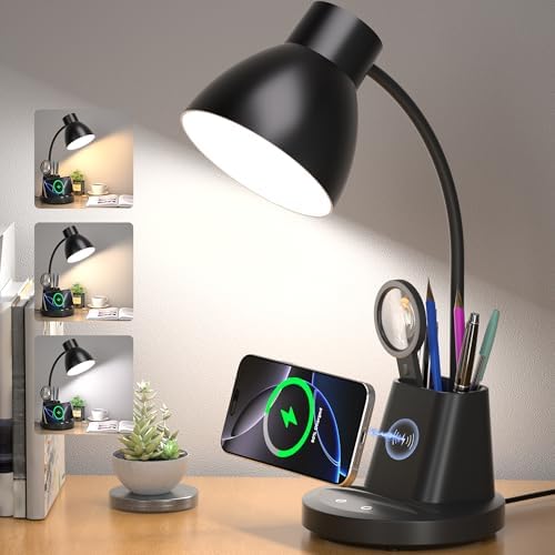 10W Wireless Charging LED Desk Lamp with Pen Holder, CRI 95, Black