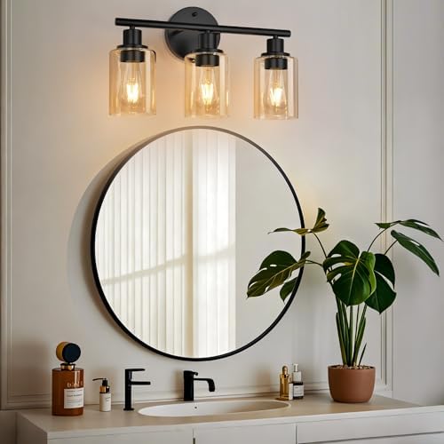 Zarbitta 3-Light Bathroom Light Fixtures, Black Modern Vanity Lights with Amber Glass Shades, Bathroom Wall Lamp for Mirror Kitchen Living Room Hallway Cabinet Porch