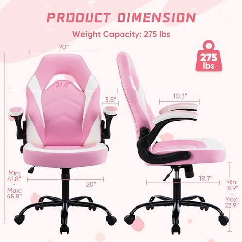 NEWBULIG Gaming Office Computer Chair – Ergonomic Mid-Back with Flip-Up Armrests, Adjustable Height, Lumbar Support & 360° Silent Swivel Wheels, PU Leather for Home/Office, Pink