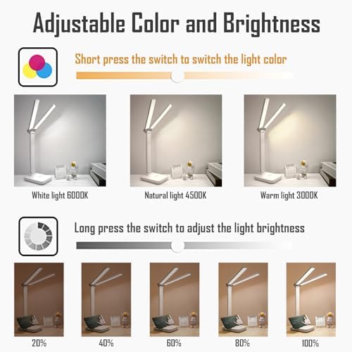 LED Double Head Desk Lamp, Rechargeable Portable Table Lamp, Adjustable Light Color and Brightness, USB Powered, LED Light for Work, Reading, Emergency (White)