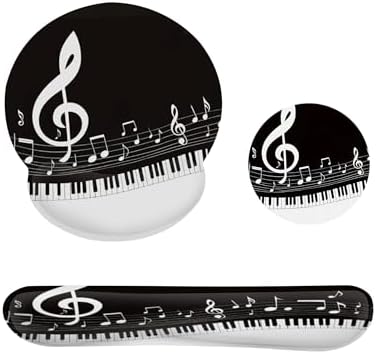 Black and White Piano Notes Mouse Pad with Wrist Rest Set, 3-in-1 Wrist Support Mousepad Set, Gaming Mat Pad with Anti-Skid Base,Ergonomic Memory Foam Mouse Pad Set for Women, Office, Typing, Gaming