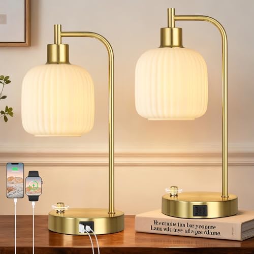 Cream Glass Table Lamps Set of 2, Dimmable Bedside Lamps for Living Room