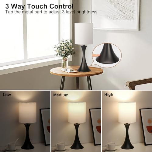 Seaside village 3 Way Touch Control Table Lamp, Modern Bedside Lamp for Bedroom, Dimmable Black Nightstand Lamp White Shade Desk Reading Light for Living Room Office Dorm, 3000K LED Bulb Included