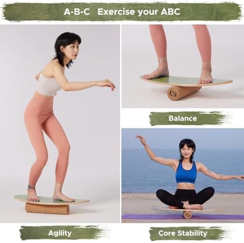 XCMAN Surf Balance Board Trainer with Roller Wooden Exercise Balancing Stability Trainer - Non Slip Surface for Adults Kids|Balance Board for Surfing,Snowboarding,Skateboarding,Hockey,Yoga Training